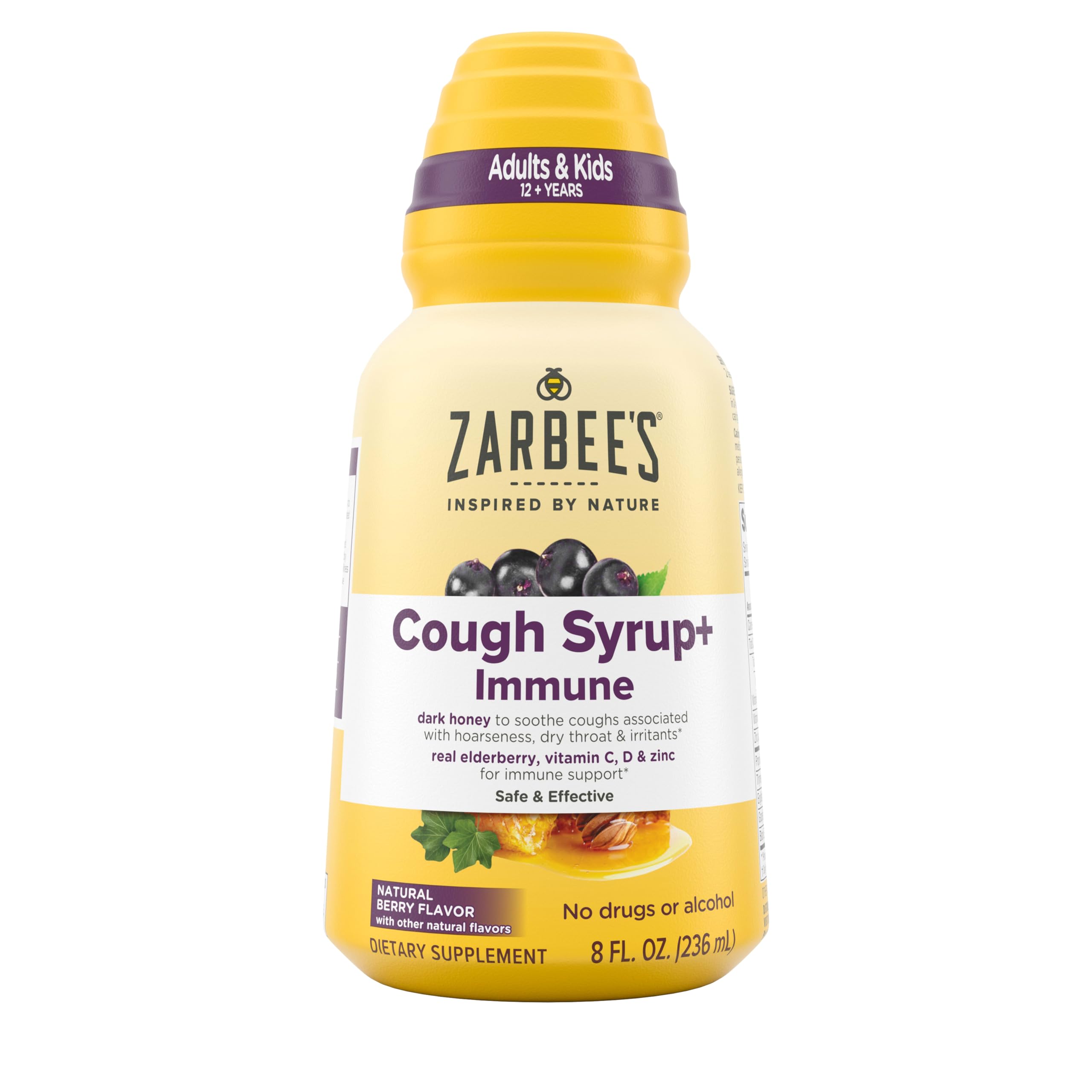 Zarbee's Adult Cough Syrup + Immune with Honey, Vitamin C D & Zinc