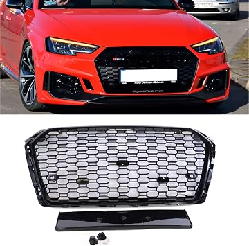 Front Bumper Grille Replacement Hood Grilles,Compatible with AUD1 A4/S4 2017 2018 B9 RS4 Upper Mesh Quattro Honeycomb Grill,Gloss Black