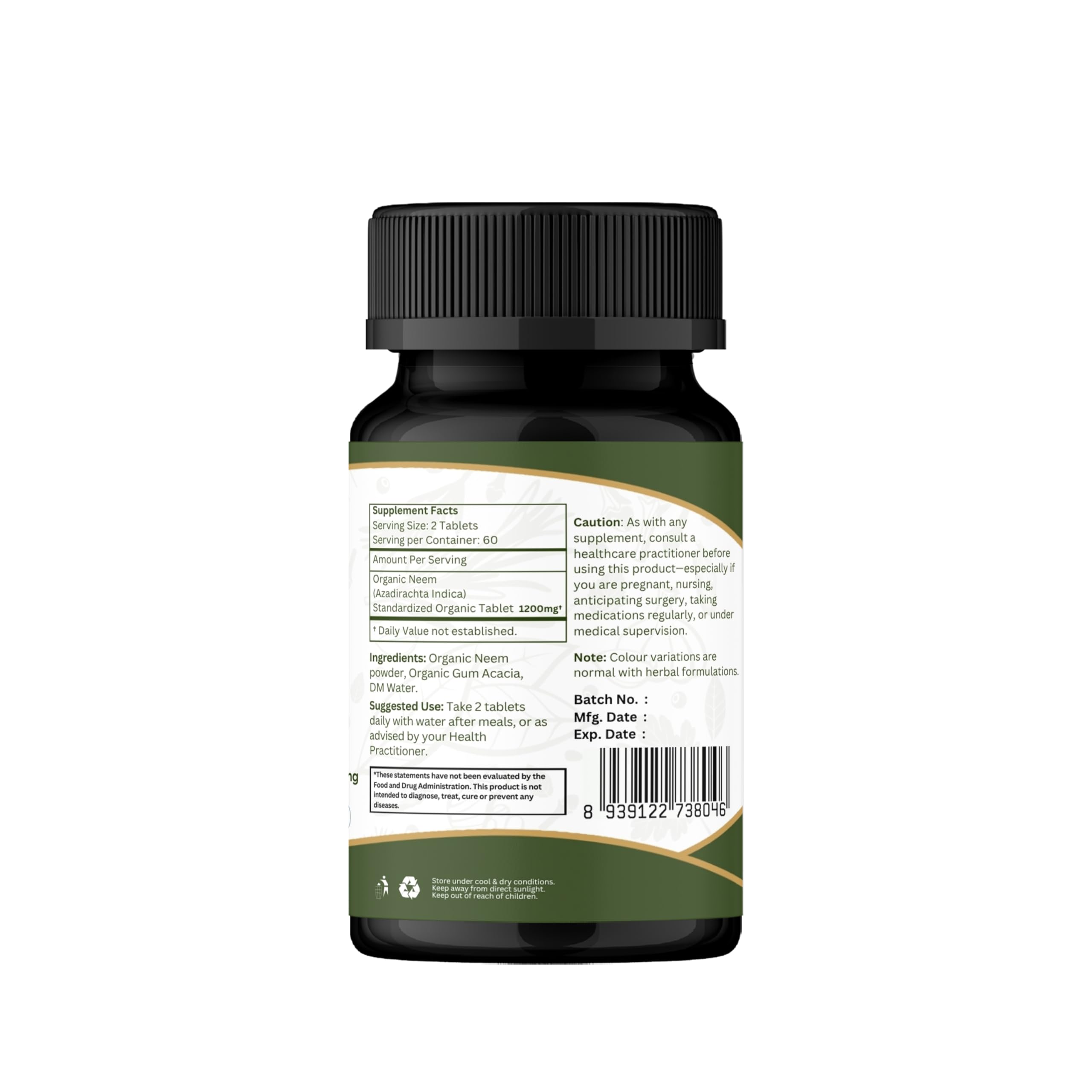 Organic Spree NEEM 120 Tablets (Azadirachta Indica) | Biologico e Naturale | Vegano e certificato USDA 120 compresse | 1200 mg per porzione (2)