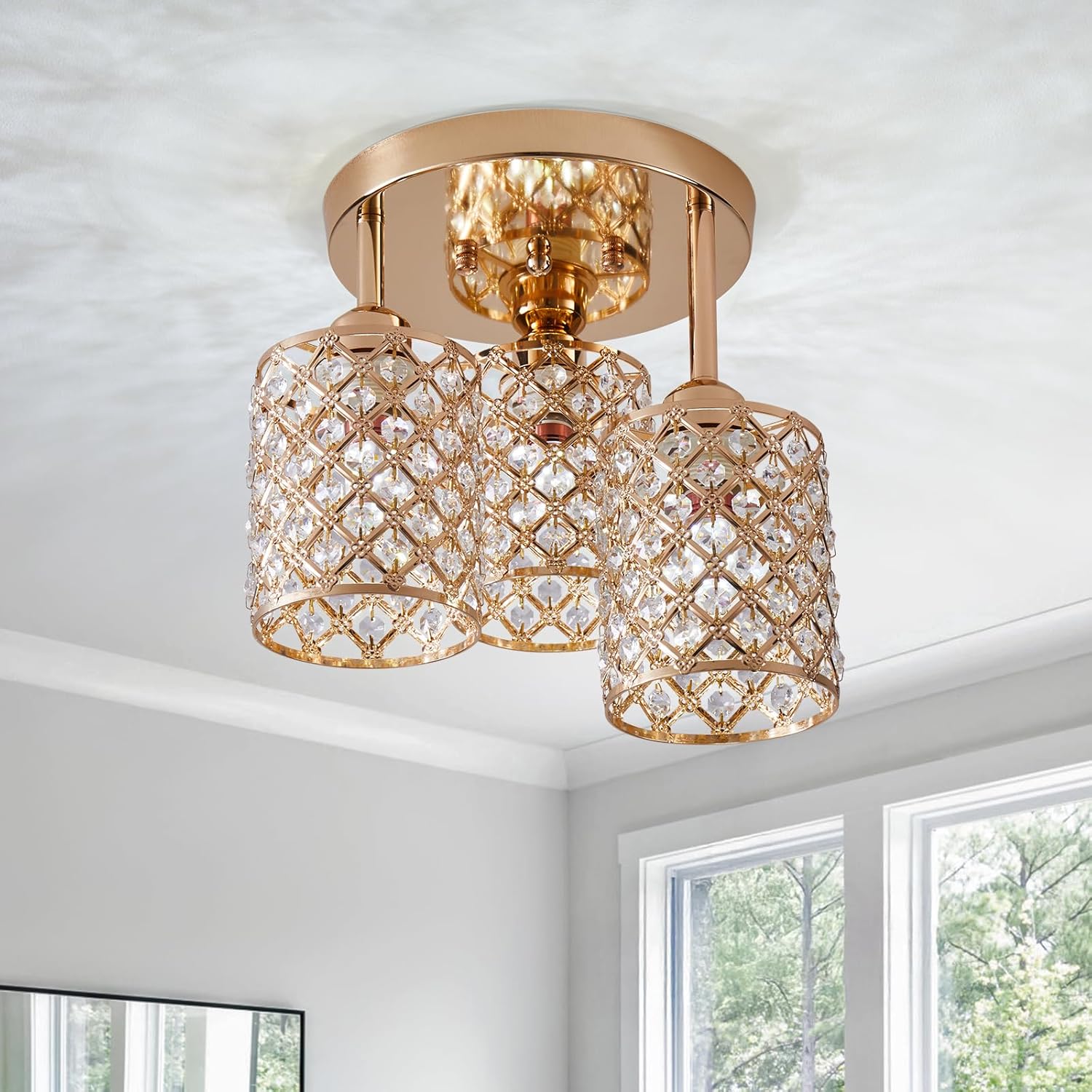HOPGGIE Semi Flush Mount Ceiling Light, 3-Light Golden Crystal Chandelier, Kitchen Light Fixtures, Hallway Light Fixtures, Modern Close to Ceiling Light Fixtures for Hallway Bedroom Bathroom