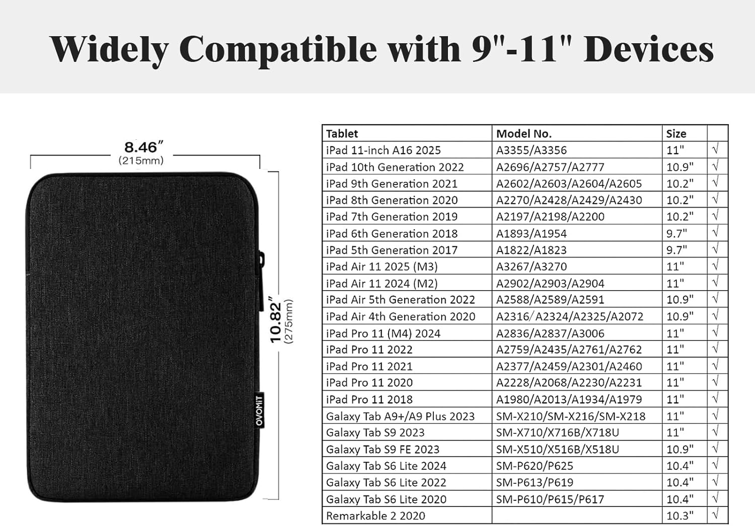 TiMOVO 9-11" Tablet Sleeve Bag for iPad 11-inch A16 2025, iPad 10.9"/10.2"| Air 11 Inch/5th/4th Gen. 10.9", Galaxy Tab A9+/A11Plus 11", Protective Bag Fit Smart Keyboard, Black - Image 2
