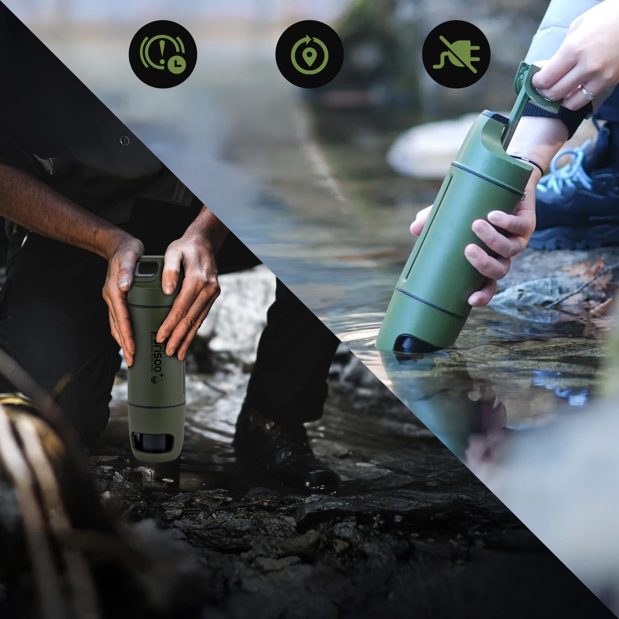 Extralink Purisoo+ Wasserfilter Outdoor mit Pumpe – Filterflasche 400ml mit UF Filter und Aktivkohle – Entfernt 99,99% Bakterien, Viren & Mikroplastik– Ideal für Wandern, Camping, Notfälle - Grün