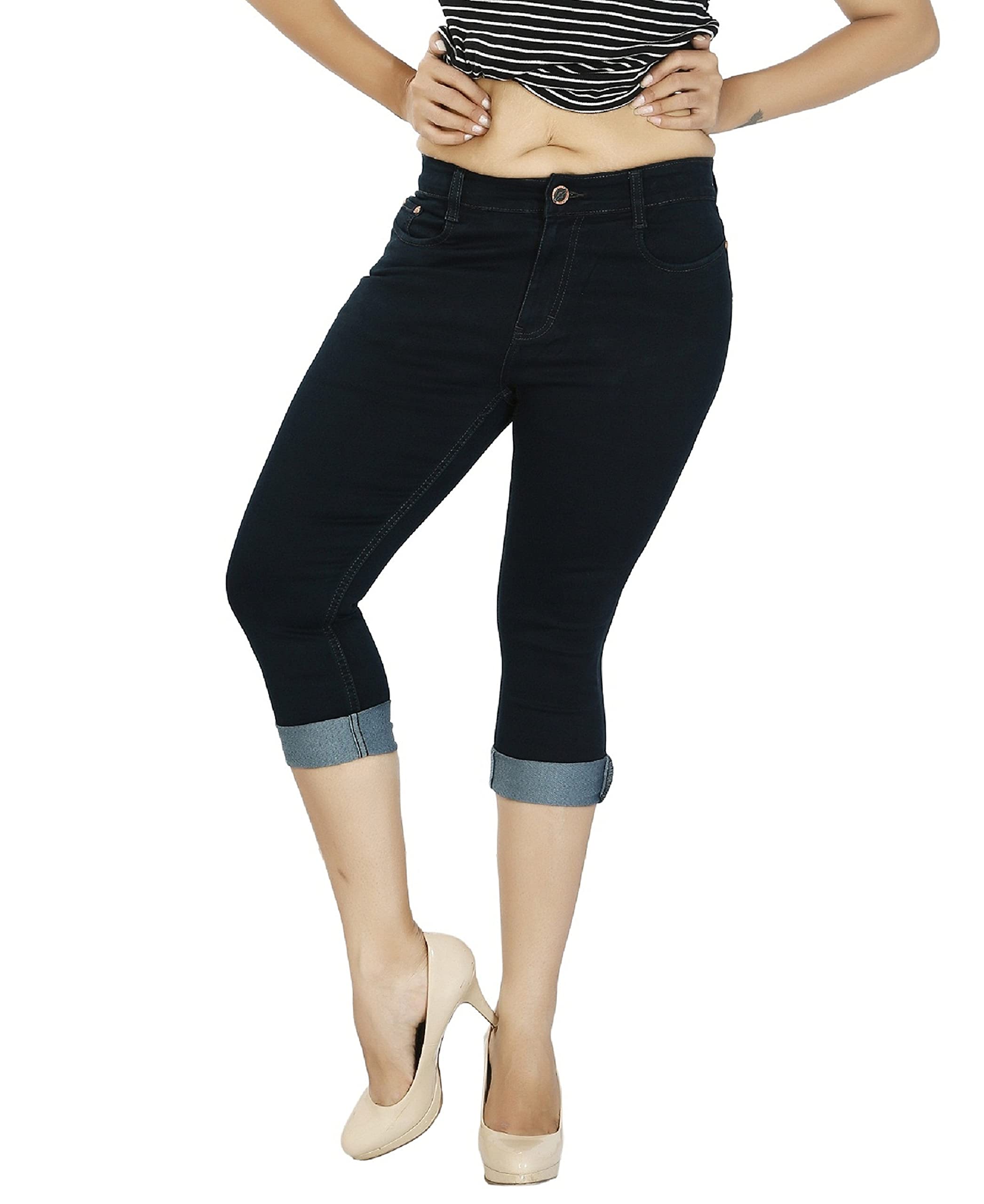 fck-3 Stretchable Denim Midest Green Color Solid Mid Waist Knee Length Button Clousure 5 Pocket Capree for Women-40-picture-22
