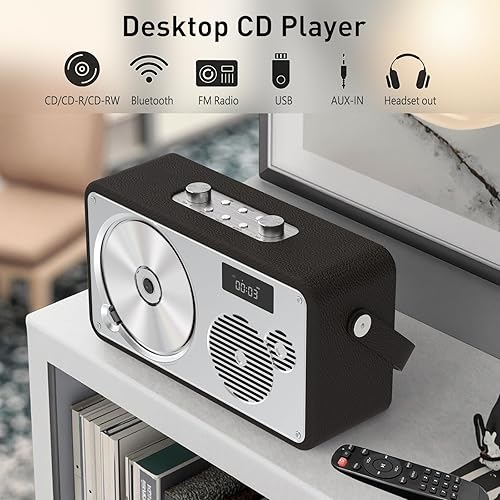 Miniatura 3 de Sistema estéreo compacto de CD  Reproductor de CD visual portátil  Altavoz Bluetooth de cuero retro  Radio FMUSBAUX-in  Batería recargable, DSP