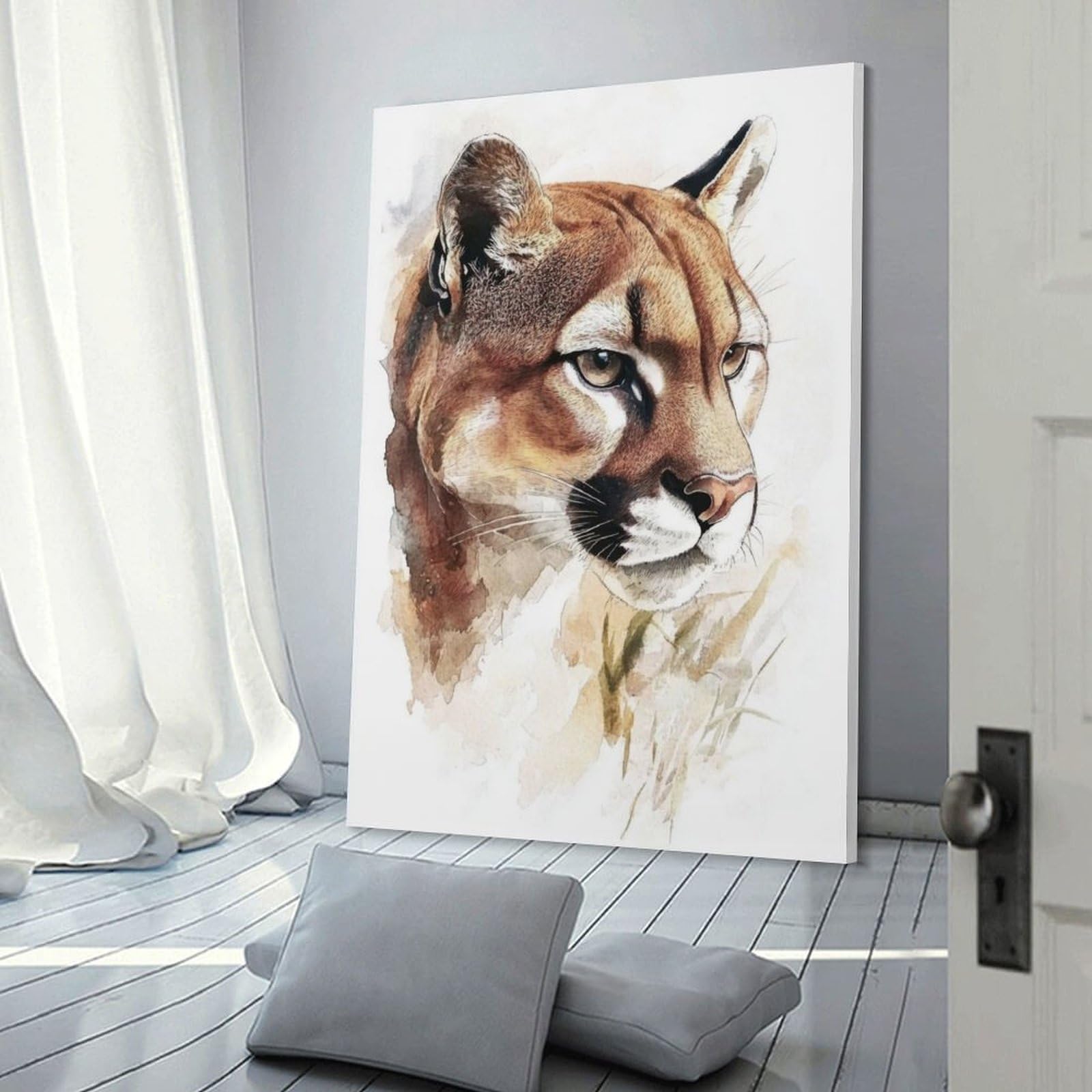 Junmoney Frame-Watercolor Cougar Portrait Watercolor Cougar Portrait Canvas Wall Decor 20X30inch(50X75cm), For Study, Office Or Focused Interiors, Wall Art That Adds Style To Work Areas