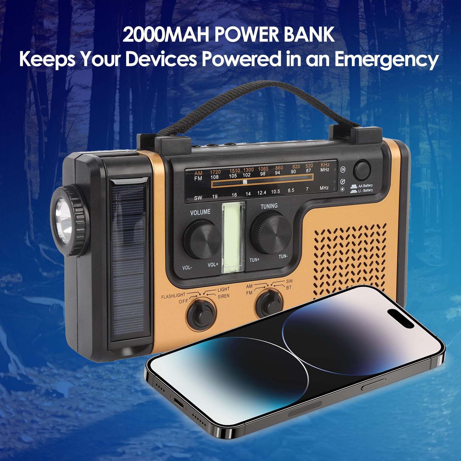 AM FM Solar Radio Radio, Bluetooth 5.0 Ręcznie Przenośne Radio z latarką, Alarm SOS, ładowarka do Telefonu Komórkowego, Małe Radia Pogodowe na Kemping, Awaryjne