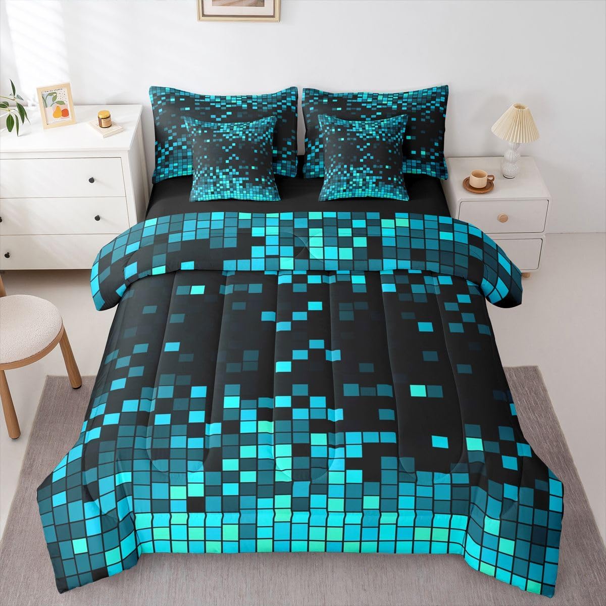 Feelyou Blue Black Gradient Pixel Comforter with Sheet Set Full Size 7 PCS Gaming Bedding Set for Kids Boys Girls Retro Pixel Bed in a Bag Gamer Room Decor Bedroom Decor