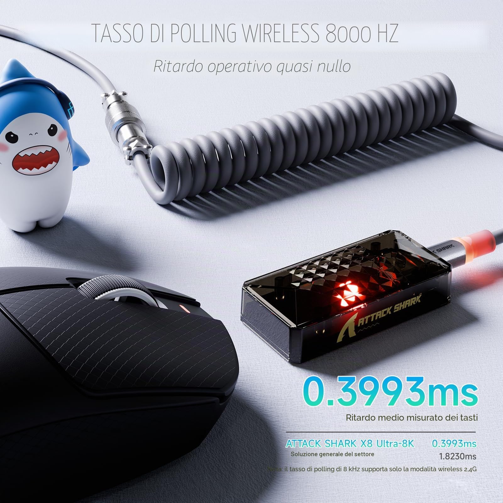 ATTACK SHARK X8 Ultra 8KHz Topo Gaming Senza Fili, 55g Ultraleggero, Nordic 52840, PAW3950MAX, 42KDPI, BT/2.4Ghz/Filo, Rivestimento Nano Freddo, Mani Grandi, 500mAh, Griptape, SW & Web Driver (Nero)