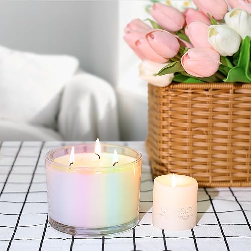 Miniatura 6 de SUPMIND Tarros de vela de 3 mechas de 16 onzas, paquete de 6 frascos grandes vacíos iridiscentes de boca ancha para hacer velas con tapas de bambú y