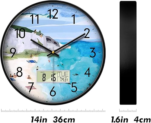 Miniatura 9 de Reloj de pared silencioso con temperatura día y fecha, montaña azul y mar playa, reloj de cocina sin tictac, pantalla grande digital, funciona con