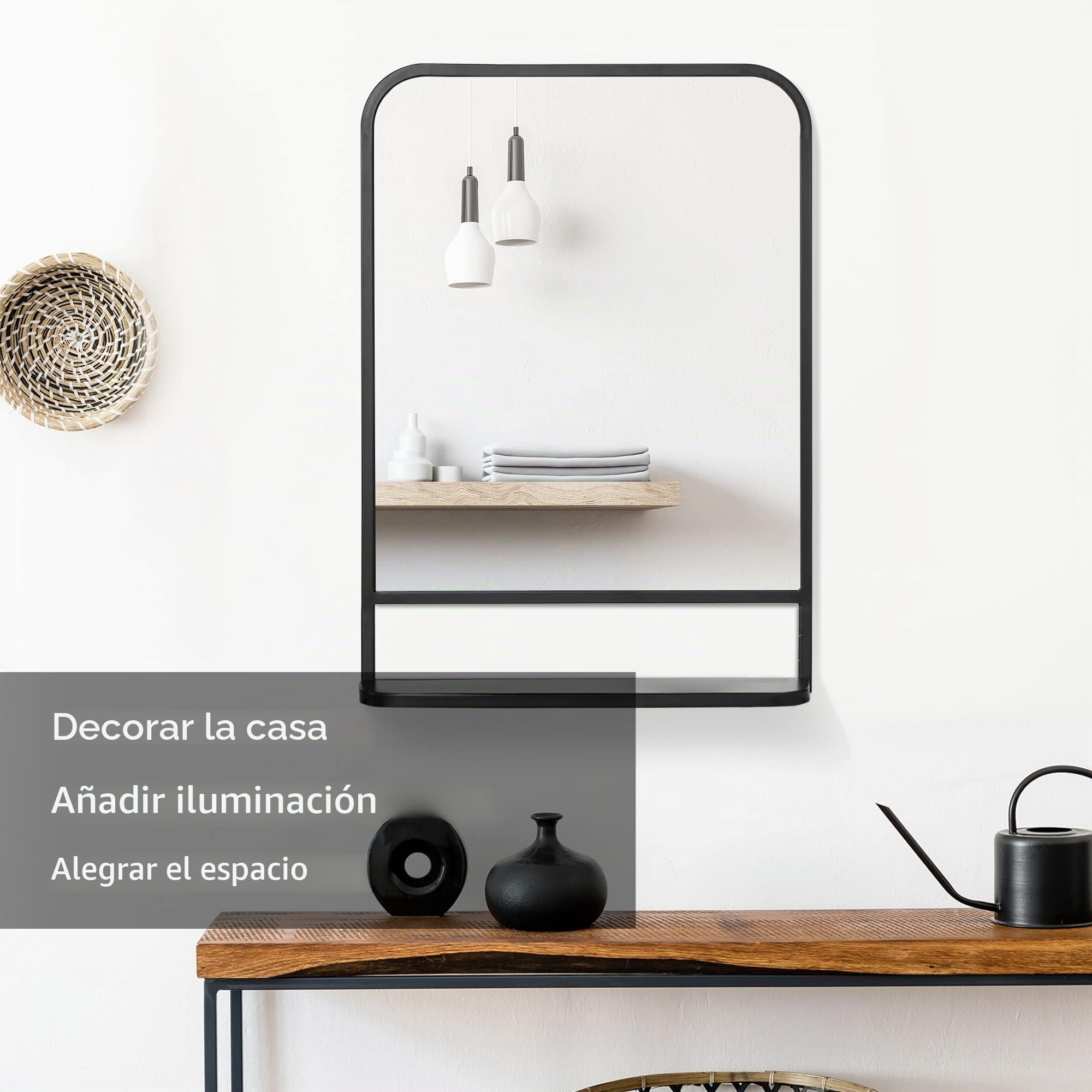 HOMCOM Espejo Decorativo de Pared 50x70 cm Espejo Rectangular Negro | Metal, Estante de Almacenamiento, Salón Dormitorio Entrada, Estilo Moderno