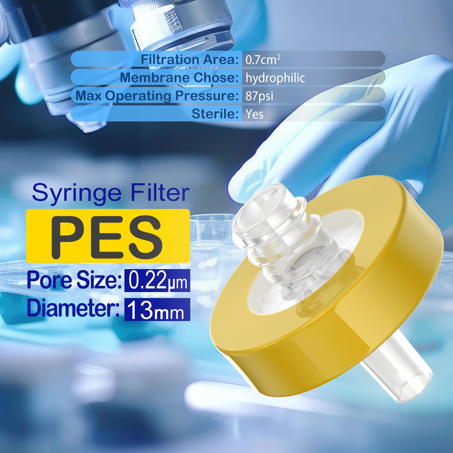 Filtros de jeringa estéril membrana PES, filtración de laboratorio de alto flujo de 0.22 um, tamaño de poro de 13 mm de diámetro para laboratorio, empaquetado individualmente (100)