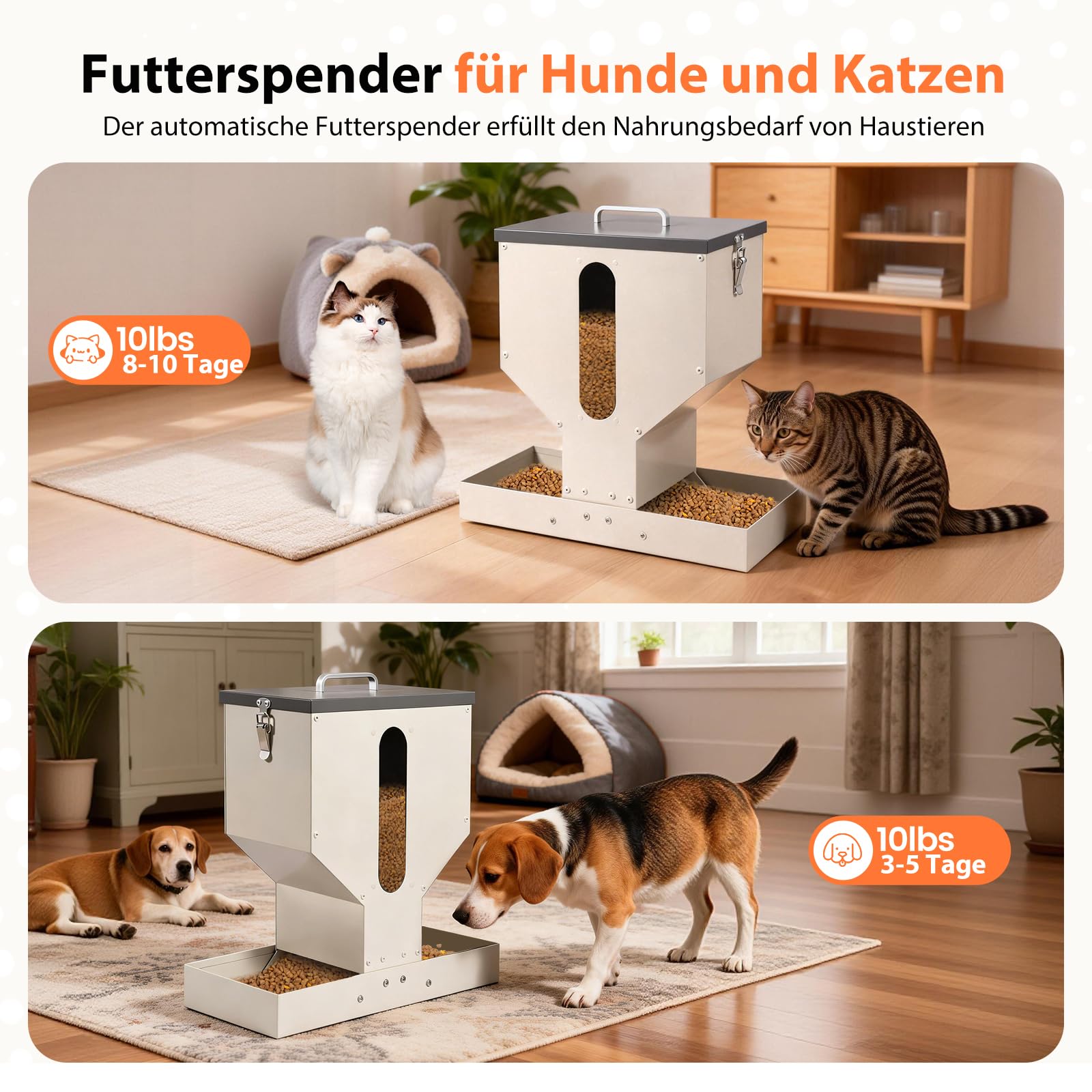 Futterautomat Katze 2 Näpfe, Trockenfutterspender für Katzen, 10l, Metall, Futterspender für Katzen und Kleine Hunde, Leicht zu Reinigen