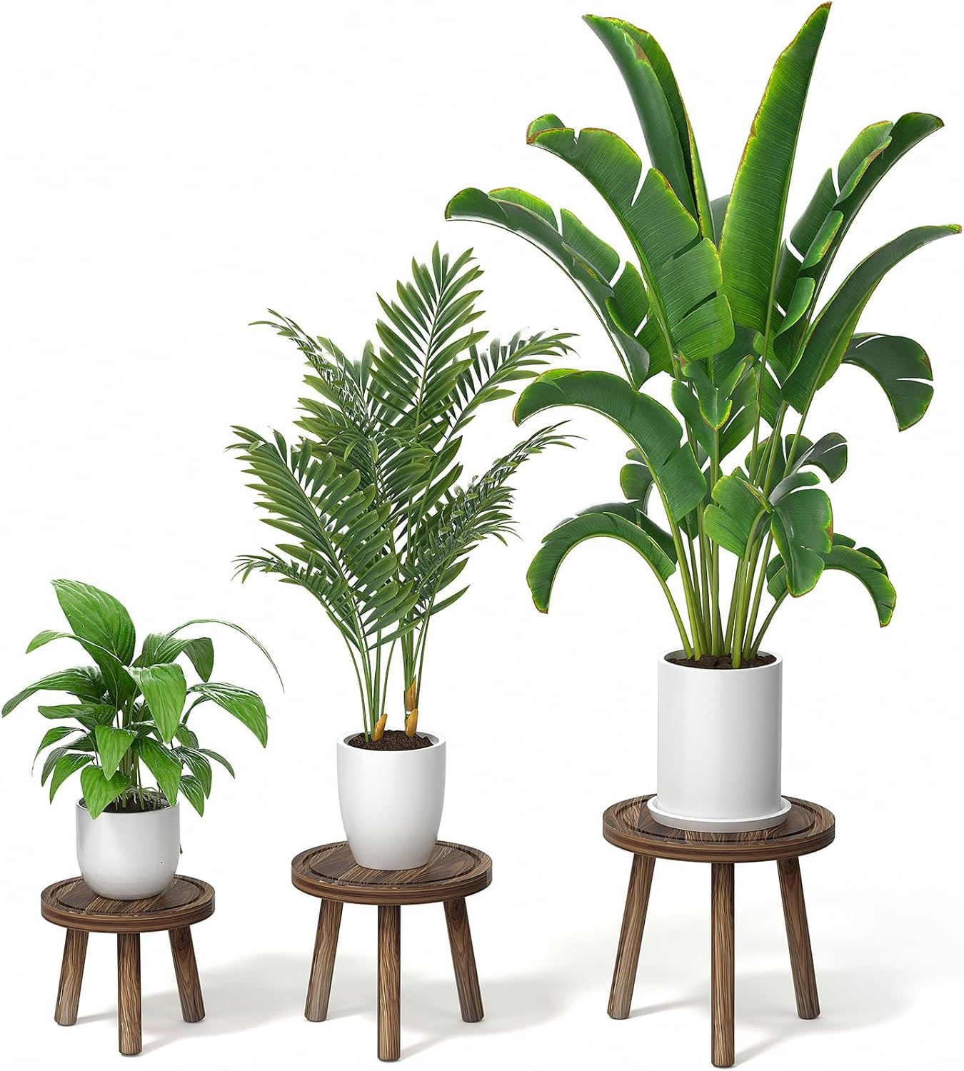 3-Pack Wood Plant Stands Indoor, Single Plant Stand for 6-12 Inch Pots, Mid-Century Modern Plant Stool, Tall Plant Stand for Large Plants Perfect Fit for Living Room, Balcony, Office heavy burnt color