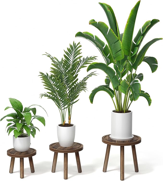 3-Pack Wood Plant Stands Indoor, Single Plant Stand for 6-12 Inch Pots, Mid-Century Modern Plant Stool, Tall Plant Stand for Large Plants Perfect Fit for Living Room, Balcony, Office