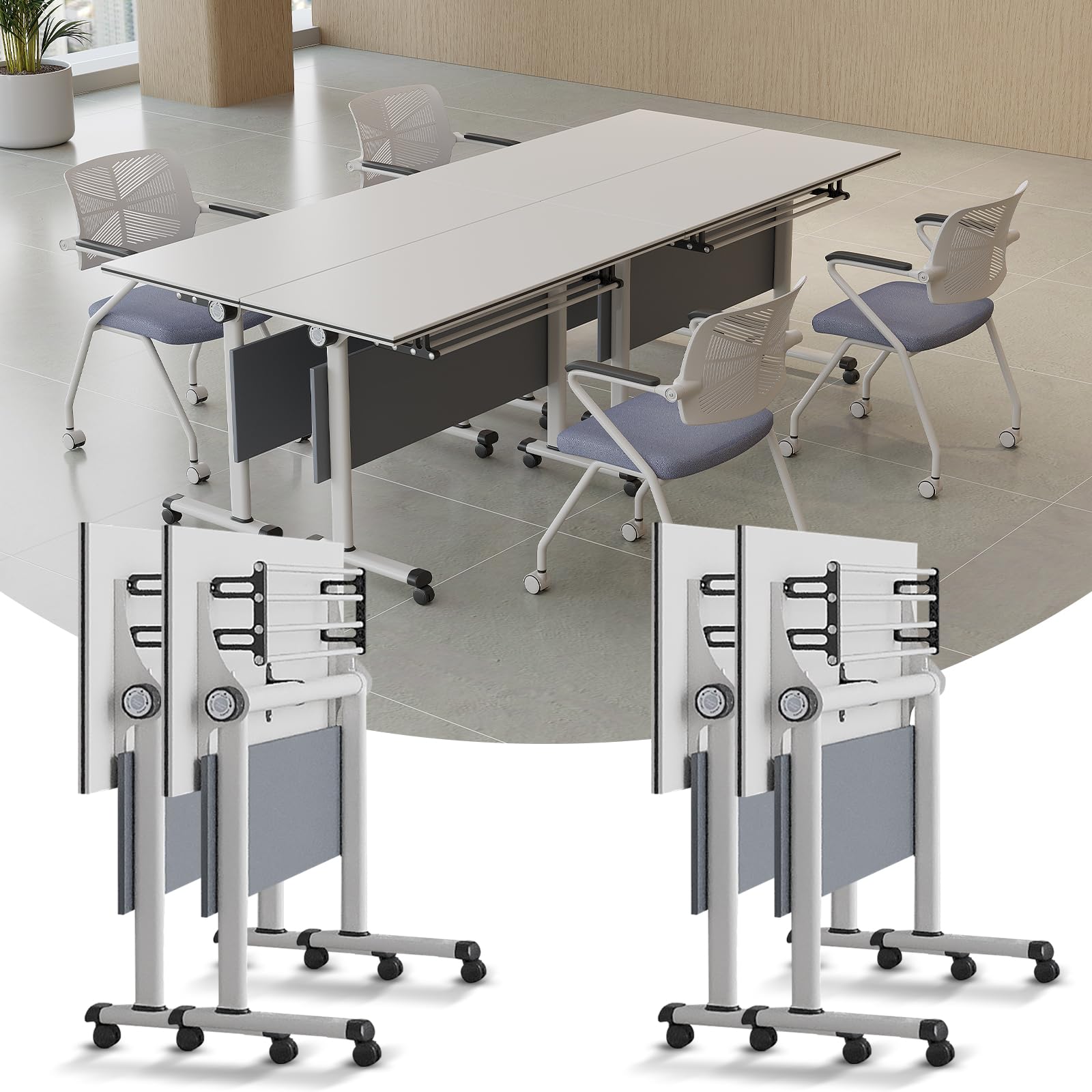 Moderne Konferenztische, Klappbare Tische, Weiße Mobile Schulungs-, Seminar- und Besprechungstische, Große Tische für Büro, Besprechungsraum, Klassenzimmer, 4 Stück, 120 cm