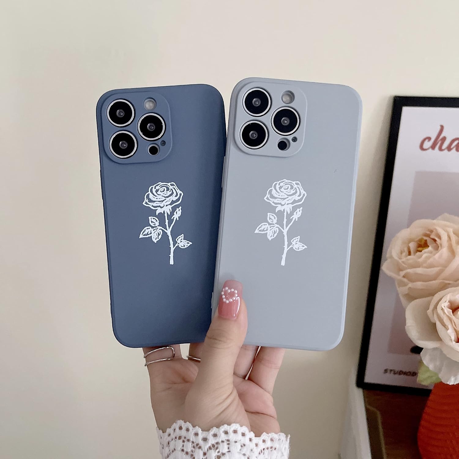 YIKUSO Compatible with iPhone 13 Pro Case Silicone Gel Rubber Phone Cases, Cover 6.1 Inch Full Body Soft Protective Rose Flower Case Cute for Women(Lavender Grey)