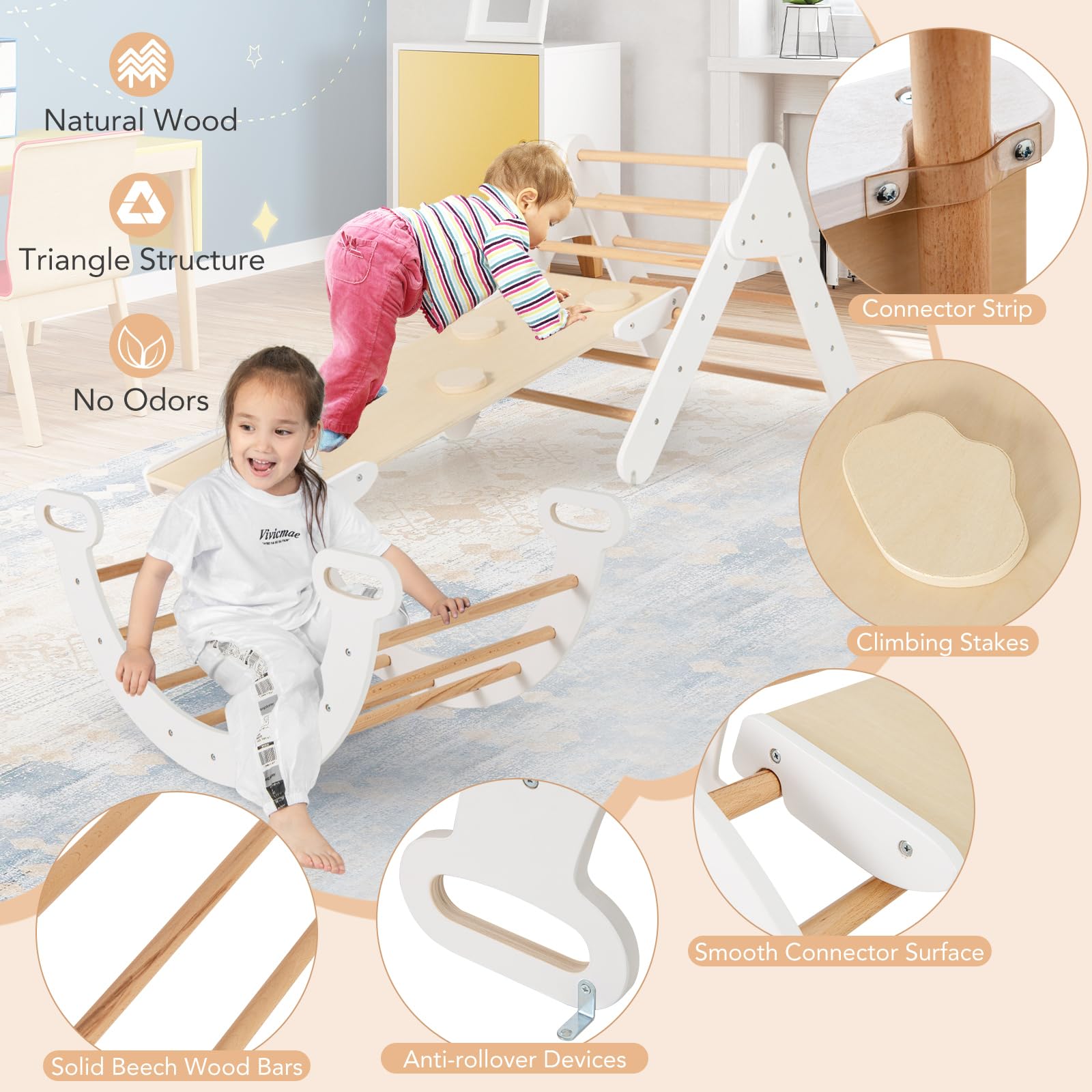 FANTASK 4 in 1 Klettergerüst mit rutsche, Kletterdreieck Holz inkl. doppelseitige Rampe & Kletterboge & Wippen, Sprossendreieck Spielplatz für Kinder ab 1 Jahr, Weiß
