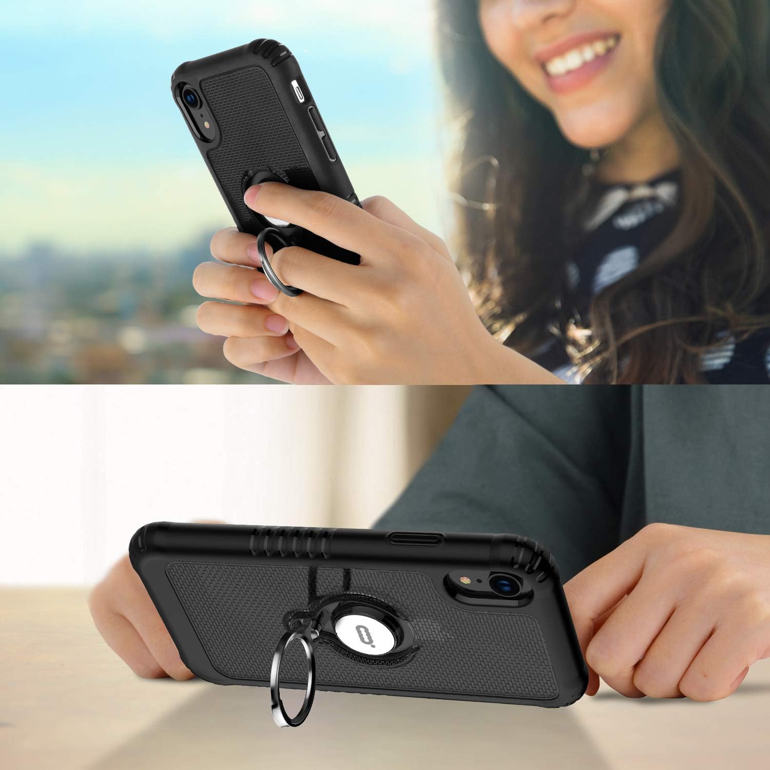 ICONFLANG Compatible Phone Case for iPhone XR 6.1" with Ring Kickstand 360 Degree Rotating Drop Airbag Protection Shock Absorption Case [Compatible Magnetic Car Mount case] (Black)