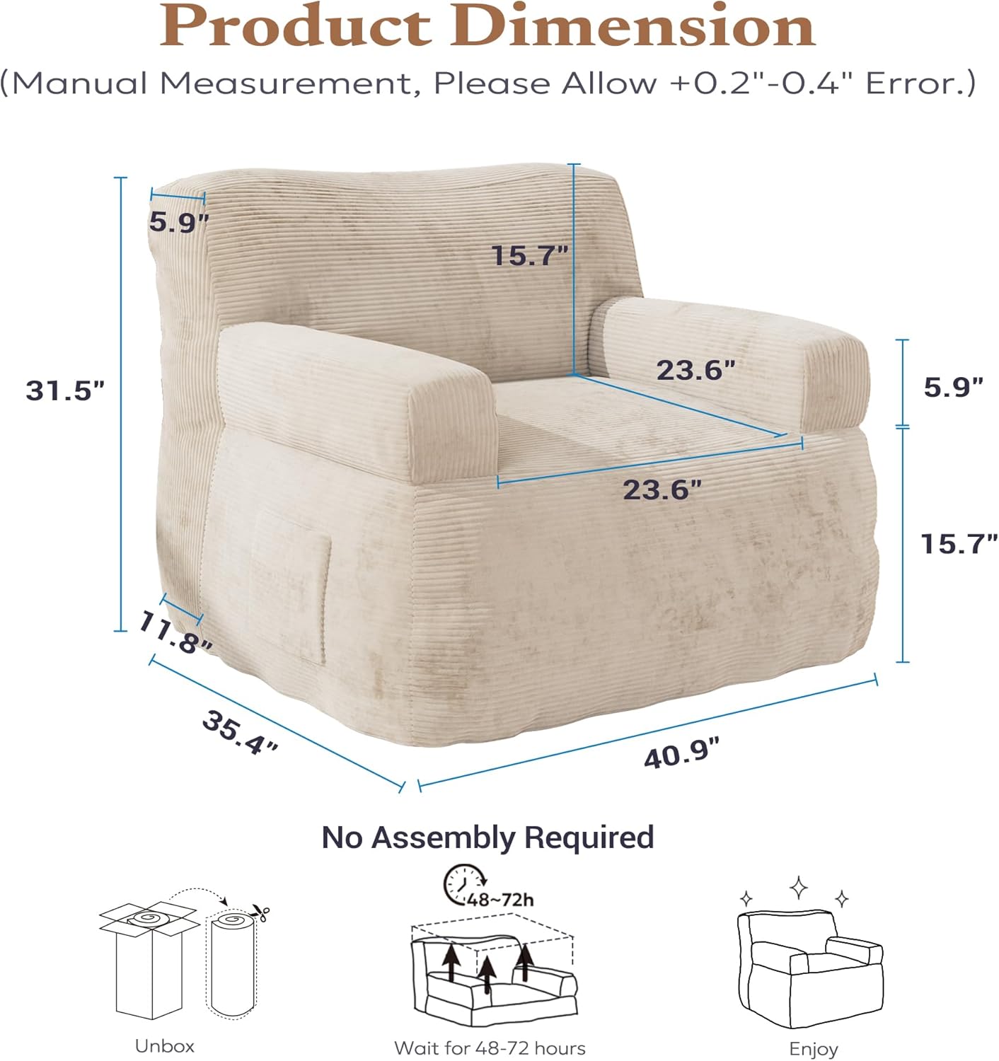 Furnify Giant Bean Bag Chair for Adults, Plush Big Bean Bag Lounger Chair with Shredded Foam Filling, Oversized Comfy Floor Sofa Couch with Side Pocket for Bedroom Living Room,Beige