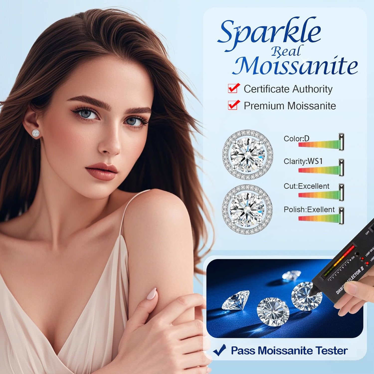 Moissanite Stud Earrings, 1-4CT Halo Round D Color Ideal Cut 925 Sterling Silver Earrings for Women with Certificate of Authenticity - Image 2