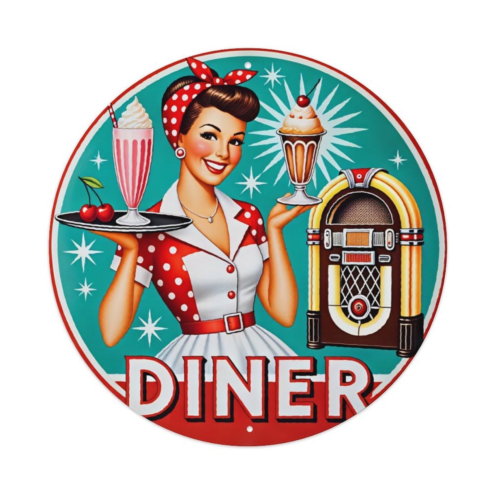 Vintage American Diner Themed Round Sign Vintage Aluminium Metal Sign, Retro Wall Decor for Home, Bar, Garage & Farmhouse 20x20cm