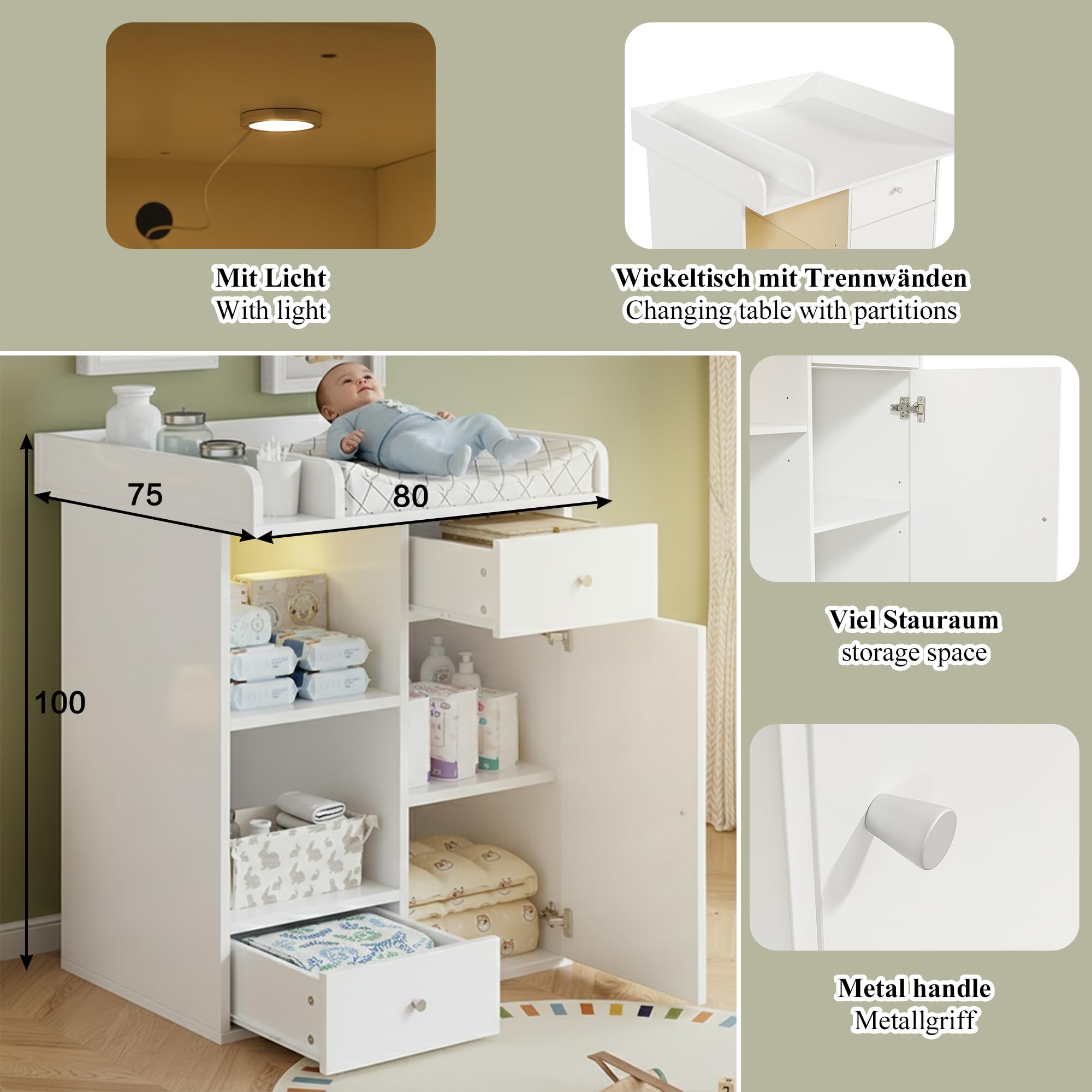 Gecheer Wickelkommode, verstellbare LED (Farbe & Helligkeit), 2 Schubladen, offene Regale, abschließbare Tür, Wickelplatz mit erhöhten Trennwänden, für Babyzimmer