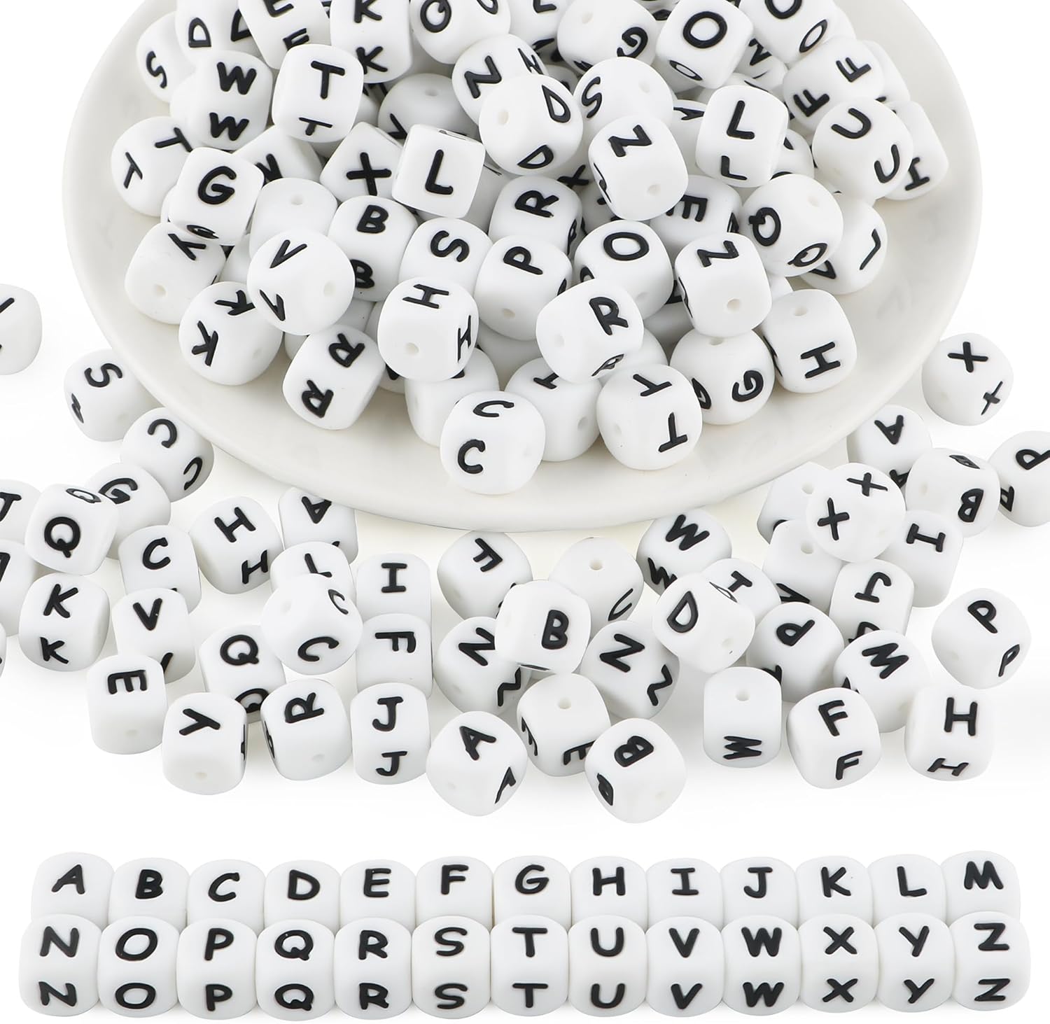 52Pcs 12mm White Square Silicone Letter Beads A-Z, Cube Alphabet Silicone Beads for Keychain Making, Ideal for Necklace Bracelet Pens and DIY Crafts