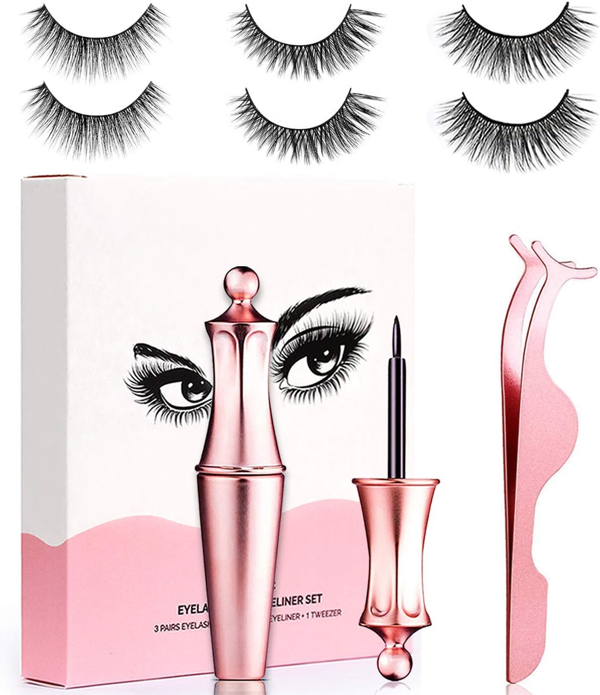 Magnetic Eyelashes and Eyeliner Set, Coovee Magnetic 3D Artificial False Eyelashes Kit 3 Pairs Reusable Natural Lashes with Tweezer