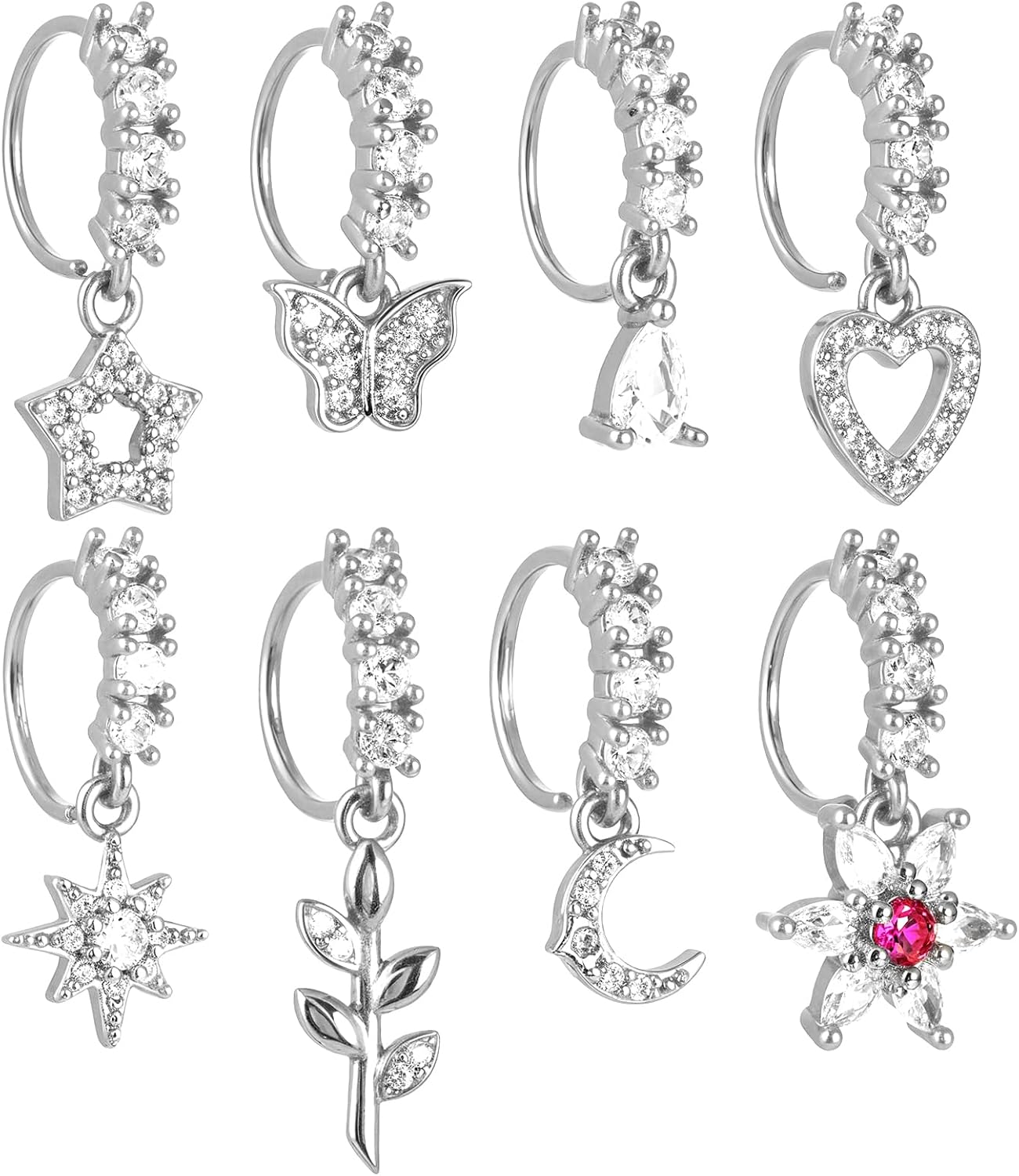 TIESOME 8 PCS Dangle Nose Ring Hoop for Women, 8 Styles Septum Nose Piercing Jewelry Cartilage Earring Cute CZ Flower Leaf Heart Star Butterfly Shape Nose Rings Hoops
