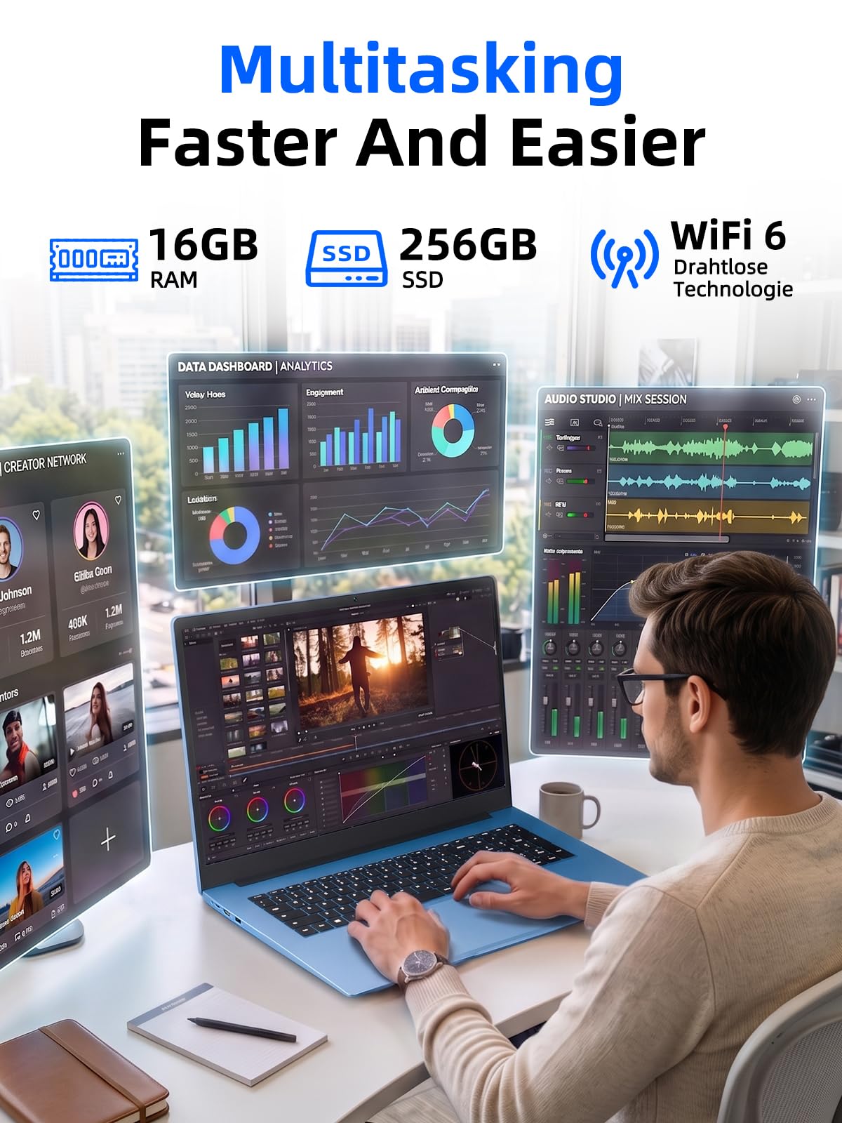 Ordenador portátil IPS Full HD de 18,5 pulgadas, 16 GB de RAM, 256 GB SSD Core i3, productividad AI, WiFi 6, Bluetooth 5.2, puerto multifunción USB-C, ideal para la oficina en casa, el estudio | Core i3, productividad AI, WiFi 6, Bluetooth 5.2, totalmente