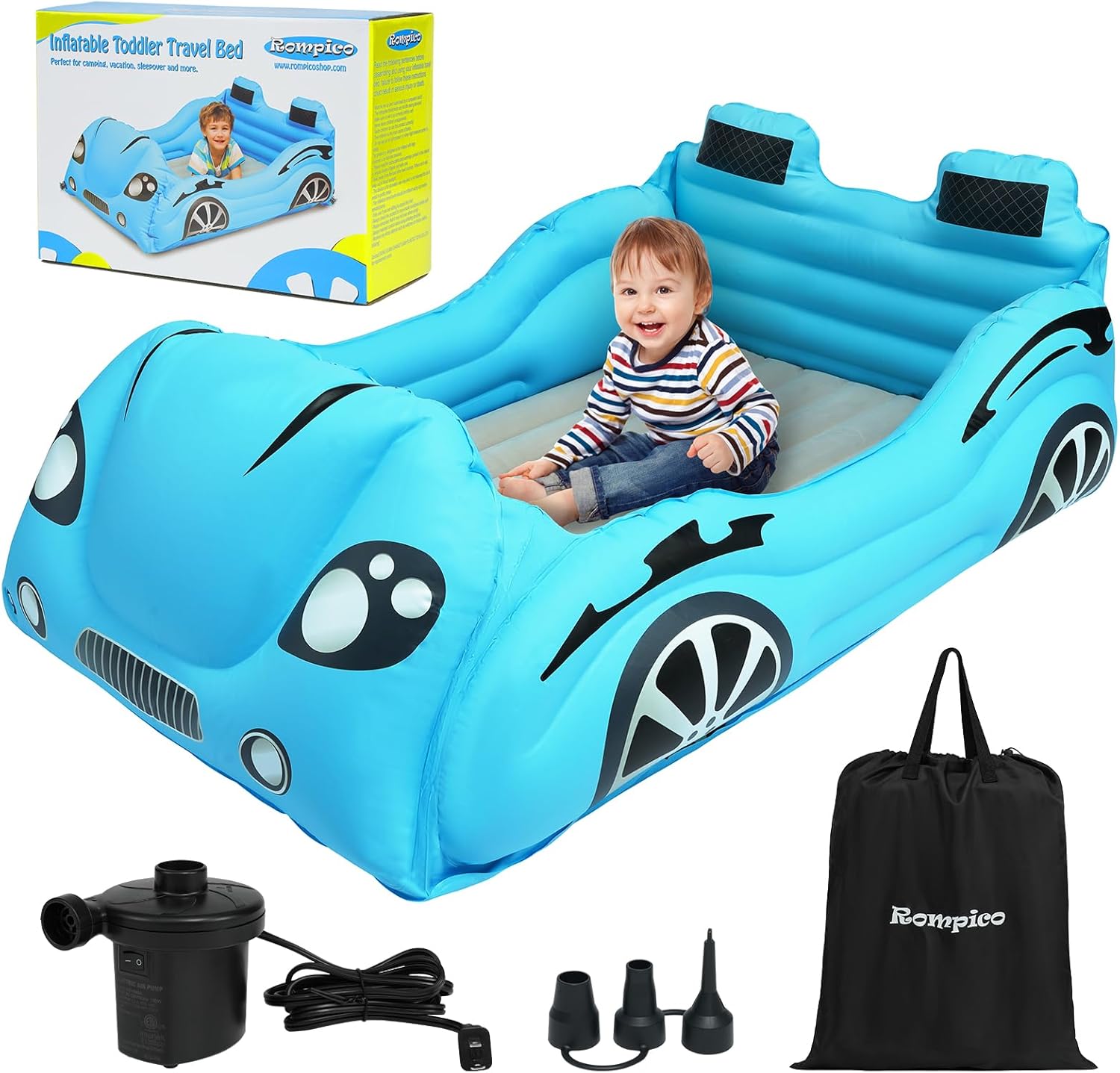 Inflatable Toddler Travel Bed with Safety Bumper,Portable Racecar Toddler Bed Air Mattress with 4 Sides for Kids, Ideal for Vacation,Camping and Sleepover,Electric Pump Included(Regular, Blue)