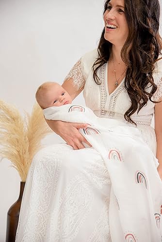 Miniatura 3 de Manta para bebé - Paquete de 2 | Juego de arcoíris bohemio + gotas de lluvia | Mezcla de algodón de muselina | Artículos esenciales para recién