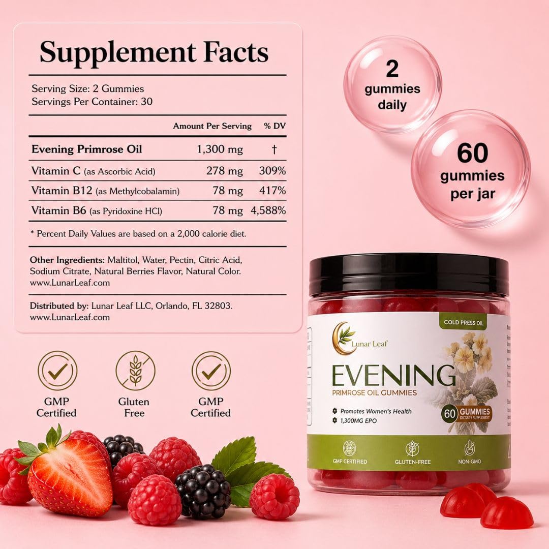 Lunar Leaf Evening Primrose Oil Gummies 1300mg for Women – Hormonal Balance, Skin & Cycle Support – Berry Flavored, Non-GMO, Gluten-Free – 60 Gummies — Amazon image 3