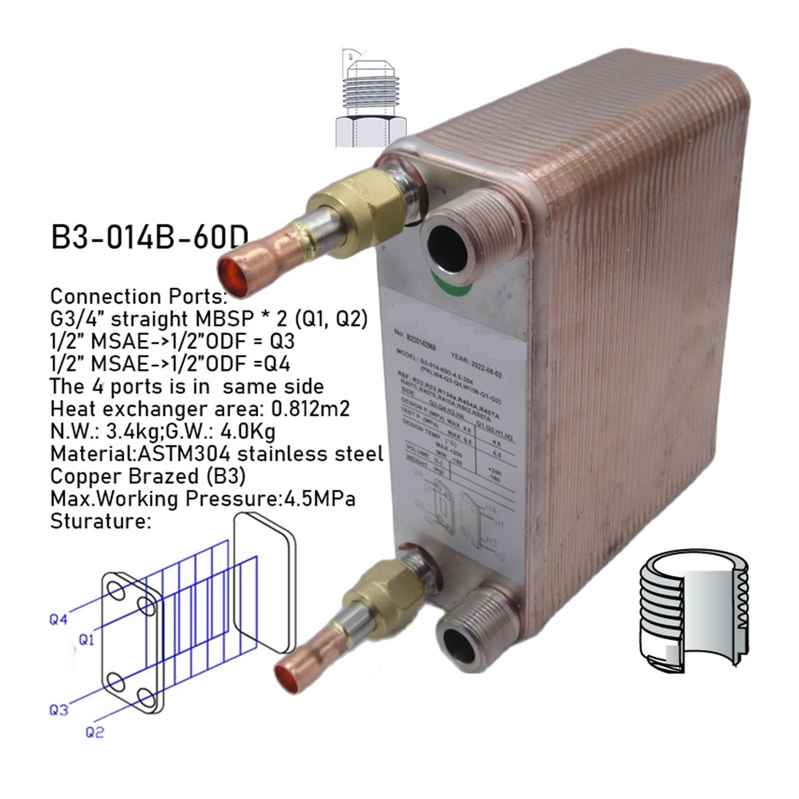 Intercambiador de calor, PHE de 60 placas de baja altura y tamaño compacto es for aires acondicionados o enfriadores de agua con bomba de calor, reemplaza el intercambiador de calor de placas XB(B3-01