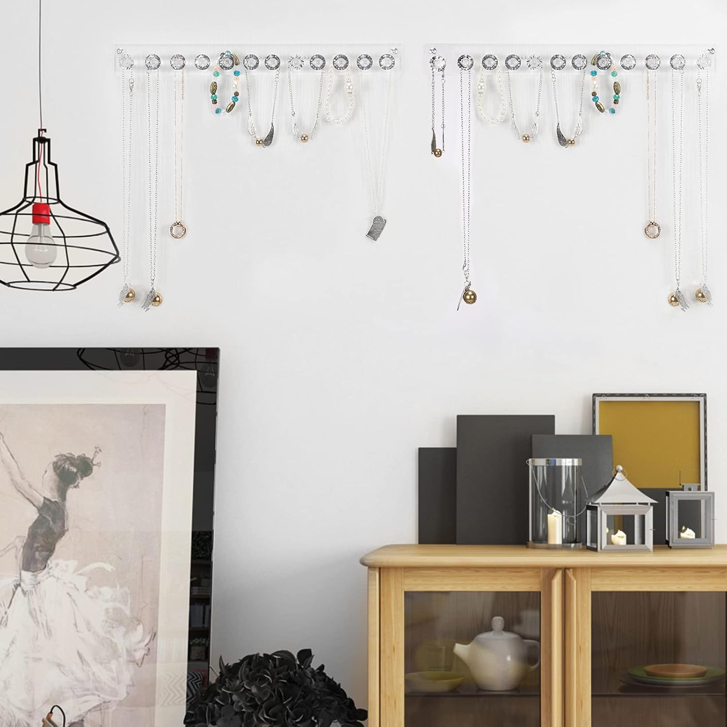 Pangkeep 2 Pack Necklace Hanger Wall Mount Organizer,Clear Acrylic Jewelry Display Holder with 12 Hooks for Chains Bracelets Keys Family Decorates.