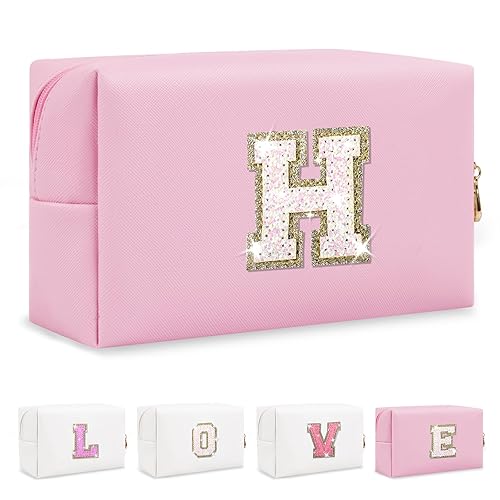 Miniatura 241 de Bolsa de maquillaje personalizada con inicial A-Z Preppy Patch, pequeña bolsa de cosméticos de PU con letra de chenilla y cierre para niñas Negro