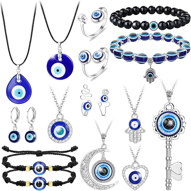 ADRAMATA 17PCS Evil Eye Necklace Evil Eye Bracelets Pack for Women Men Hamsa Turkish Protection Bracelet Jewelry Set for Protection & Blessing Evil Eye Jewelry