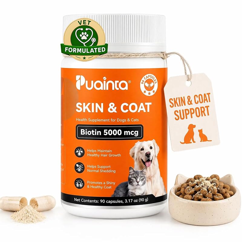 Multivitamínico para Pele e Pelagem de Cães e Gatos PUAINTA com Biotina, Vitamina E e Metionina, 90 cápsulas