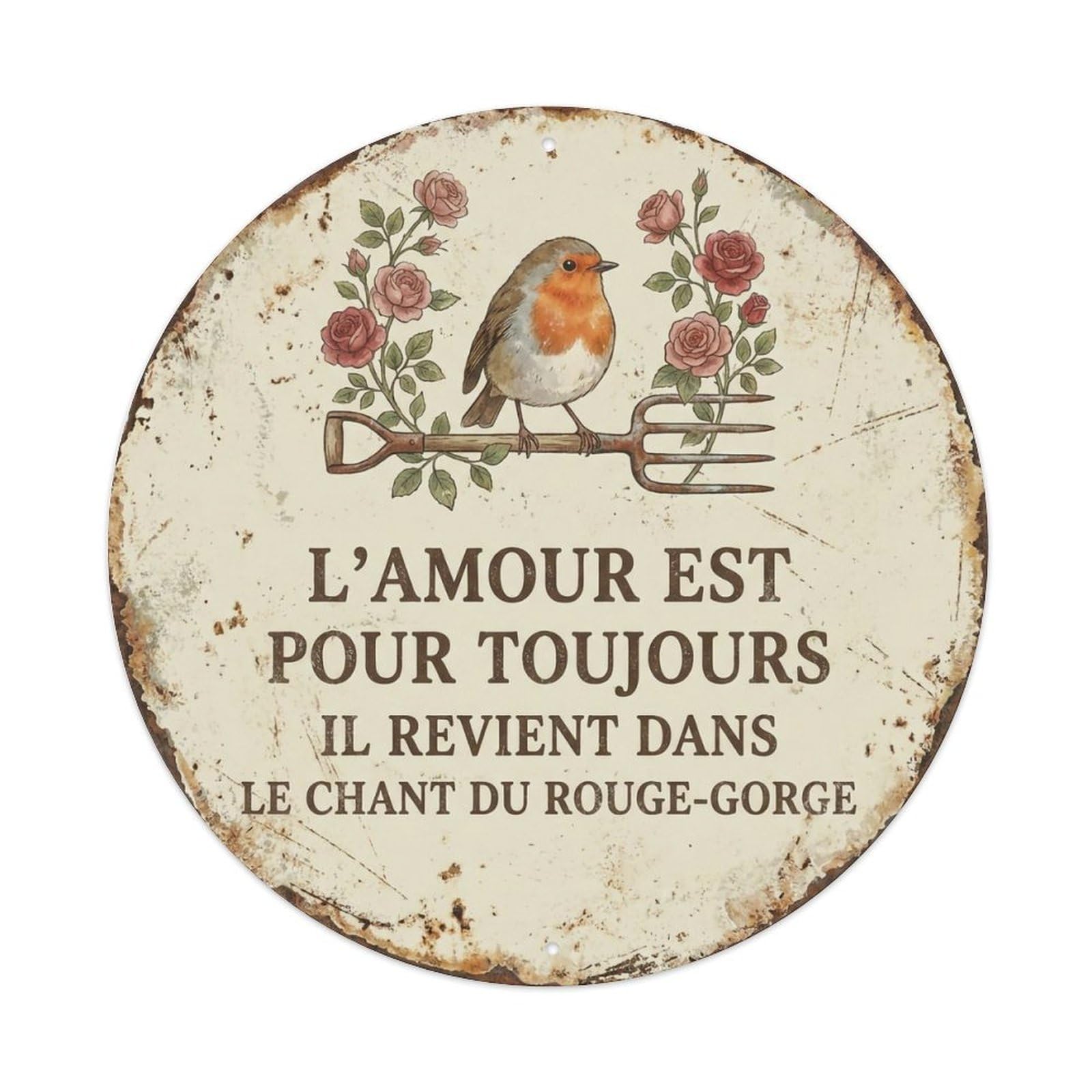 Yrnq Vintage Style Robin Bird Garden Quote Toujours Vintage Metal Tin Sign Plaque Wall Decor For Cafe, Club, Garden Round Metal Poster 8X8inch