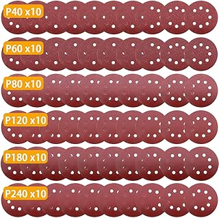 Maveek 60 Pieces 8-Holes Discs Pads 5 Inch/ 125 mm Hook and Loop 40/ 60/ 80/ 120/ 180/ 240 Assorted Grits 6 Models, Each Model 10 Pieces Sandpaper Sanding Discs Pads for Random Orbital Sander