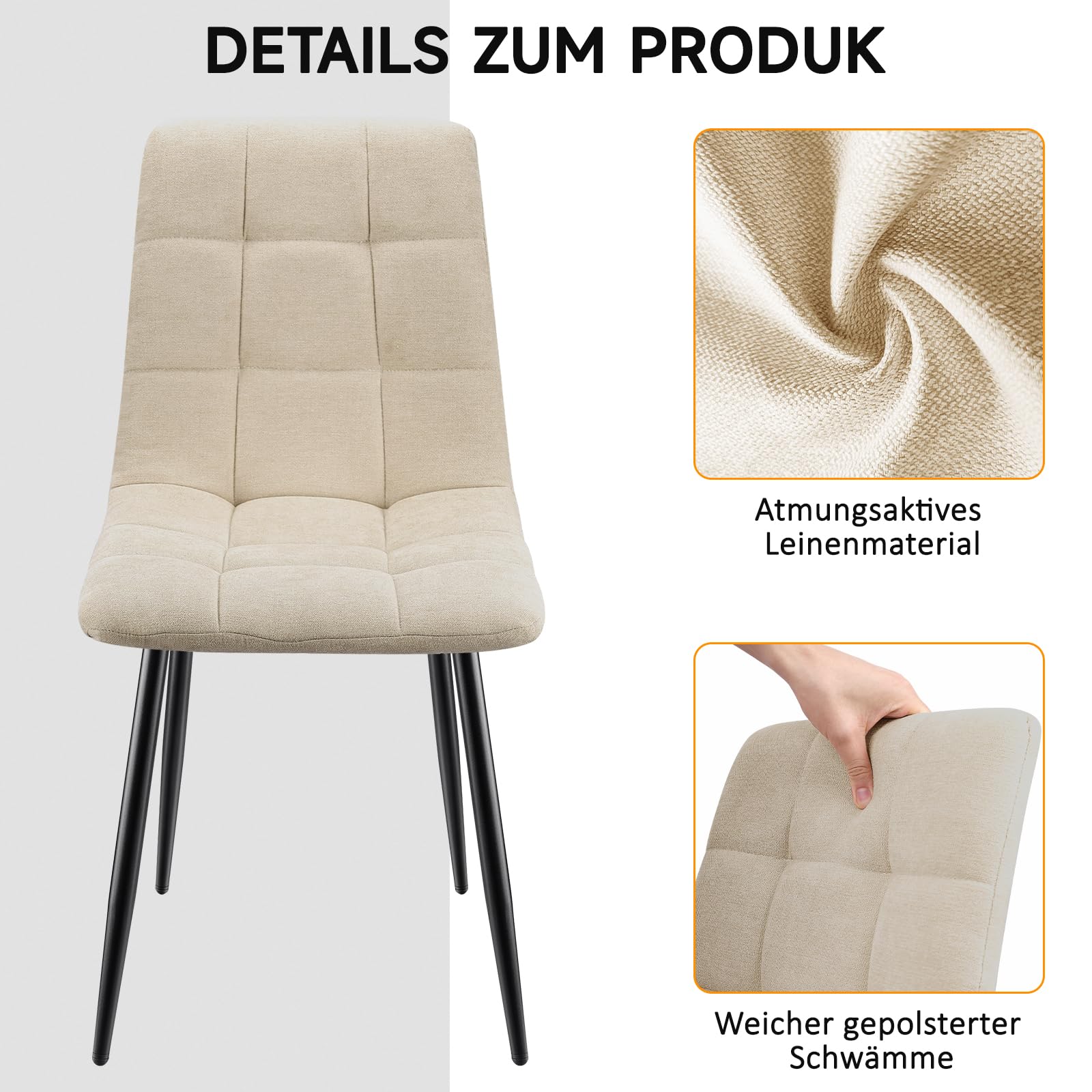 Esszimmerstühle 6er Set,Küchenstuhl aus Leinenstoff,Polsterstühle mit Eisenfüßen,Stuhl Schlafzimmer,Wohnzimmer Stühle-Kaki