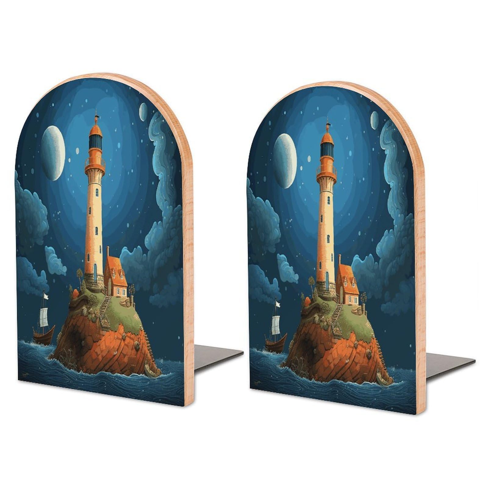Non-Slip Bookend for Shelves Catoon Whale Lighthouse Wooden Bookends with Metal Base Decorative Book Stopper for Home Heavy Duty Wood Book Storage for Books/CDs