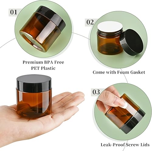 Miniatura 4 de TUZAZO Tarros de plástico ámbar de 2 onzas con tapas y etiquetas sin BPA, paquete de 24 recipientes vacíos pequeños redondos marrones para