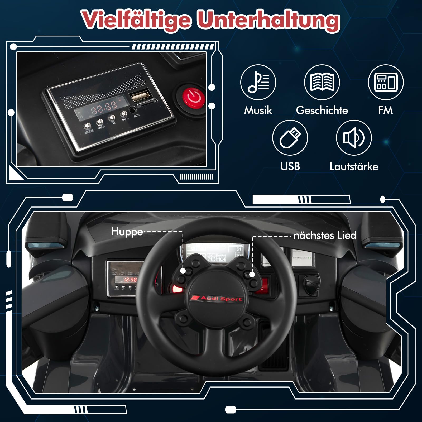 COSTWAY Audi Elektroauto für Kinder, 12V elektrisches Kinderauto mit Fernbedienung & LED-Lichtern & 4 Federungen, Kinderfahrzeug Elektrofahrzeug für Kinder ab 3 Jahren