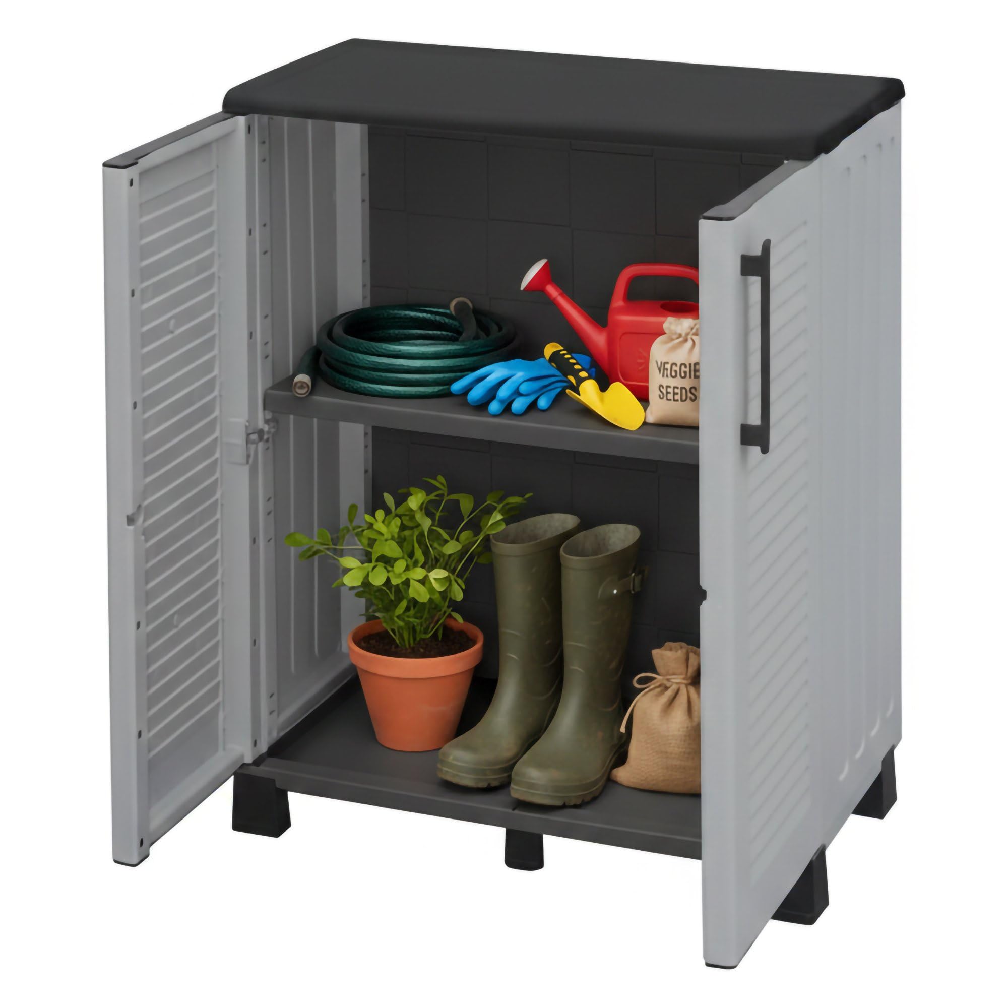 Dmora - Armadio da esterno Wavre, Armadio balcone multiuso, Mobile outdoor 2 ante, 100% Made in Italy, 68x37h90 cm, Grigio chiaro e Nero, Finitura righe