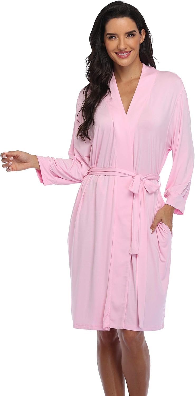 Women's Kimono Robe Short Knit Bathrobe Soft House Sleepwear Lightweight Ladies Loungewear