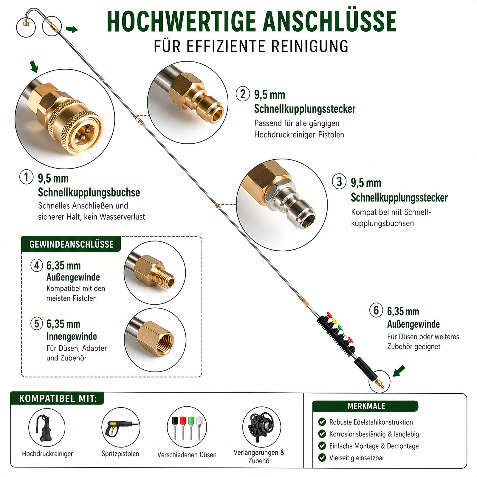 Set di aste di prolunga per idropulitrice ad alta pressione, 10 pezzi, 4000 psi, in acciaio inox con attacco rapido da 1/4", 6 ugelli + 3 barre angolari per tetto, grondaia, facciata e auto