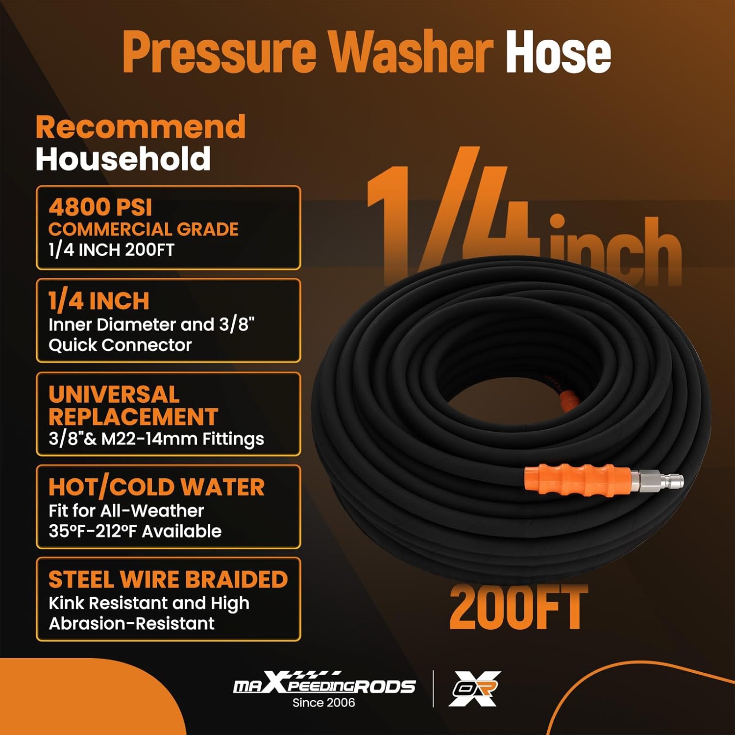 maXpeedingrods Pressure Washer Hose 200FT x 1/4", 4800PSI Kink Resistant High Tensile Wire Power Washer Hose, Replacement Hose Adapter Set with 2pcs M22-14mm to 3/8" Adapters for Professional Home