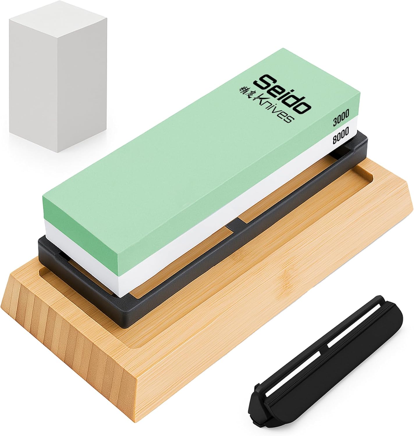 Seido Knives Double-Sided Sharpening - Non-slip Whetstone Rubber Base Bamboo Non-slip Base Flattening Stone Angle Guide Complete Sharpening Kit for Precision Edge